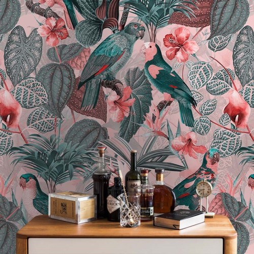 Parrots with Orchids and Hibiscus in Jungle – Pink Grey